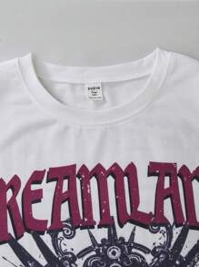 2pcs/Set Teenage Boys' Fashion Print Casual T-Shirt And Distressed Shorts Set