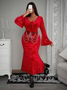 Flirla Plus Size Wasteland Romantic Lace Long Sleeve Dress,Valentine - Burgundy - View 6