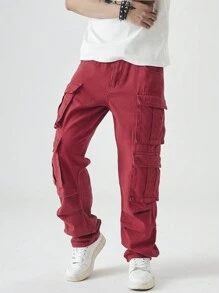 Manfinity EMRG Men's Casual Solid Color Straight Leg Cargo Jeans - Red - View 6