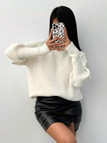 Chiquease Damen Lockererer Glockenärmel-Pullover mit Stehkragen aus Flauschstoff, Herbst/Winter