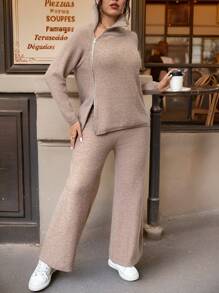 Calvaya Ensemble de Top en tricot à manches longues avec fermeture éclair avant de couleur unie et pantalon long, grande taille