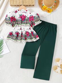 SHEIN Leap Crew Tween Girl Retro Floral Print Puff Sleeve Shirt With Ruffle Hem & Wide Leg Pants 2 Pieces Set - Dark Green - View 2
