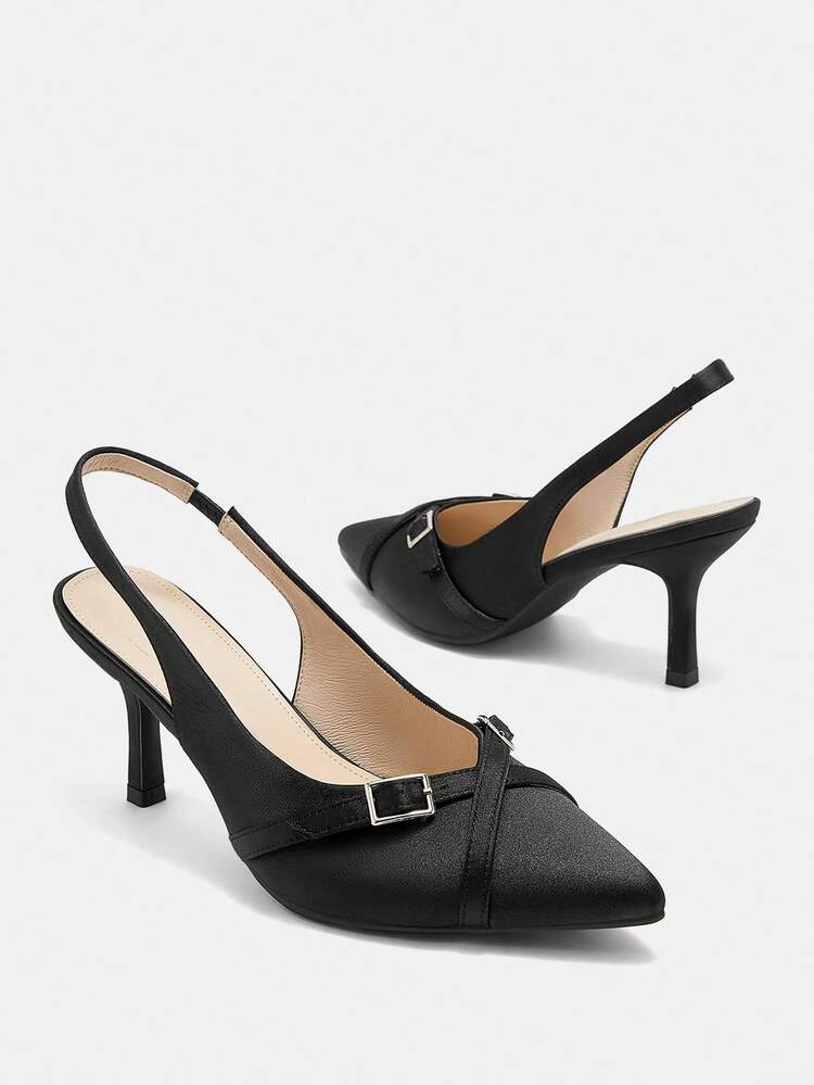 CUCCOO BIZCHIC 尖った爪先 スリムハイヒール バックレス エレガントなサテンレディースパンプス、春のアウトフィット、ヴィンテージスタイル、クラシック