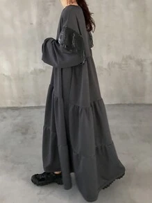 FRIFUL 女士圆领拼接薄纱荷叶边下摆中长款分层蛋糕连衣裙，秋季连衣裙长袖连衣裙 - 灰色 - 查看 1