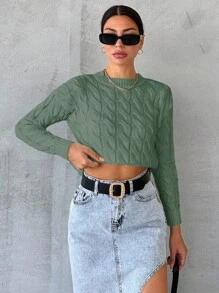 RueChic Solid Pointelle Knit Crop Sweater - Lime Green - View 4