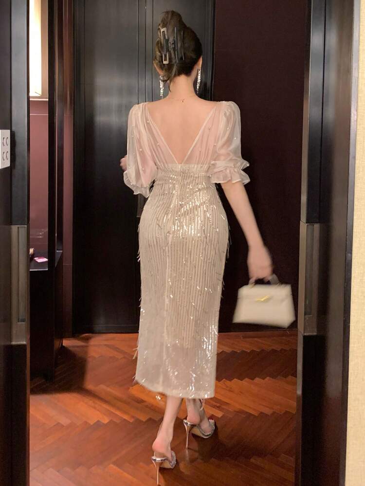 V-Neck Sequin Patchwork Mid-Length Women's Dress Prom Dress Homecoming Dresses Luxury Elegant Women Dresses New Year Eve Dress Carnival Sparkly Dress Maxi Dress