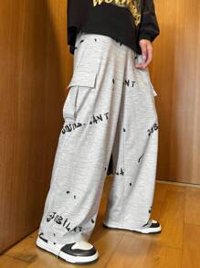 SHEIN Teen Boys' Oversized Casual Sweatpants With Graffiti Print & Pockets, Suitable For Streetwear, Party, Music Festival, Spring & Summer