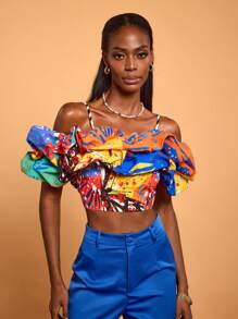 SHAQUITA GARCIA Top elegante de mujer con hombros descubiertos, dobladillo con volantes y estampado de multicolor de diseño bohemio, perfecto para vacaciones, primavera y verano, salir, festivales, Ibiza - Multicolor - Ver 3