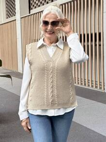 SHEIN LUNE Women's Solid Color V-Neck Loose Casual Sweater Vest - Khaki - View 1