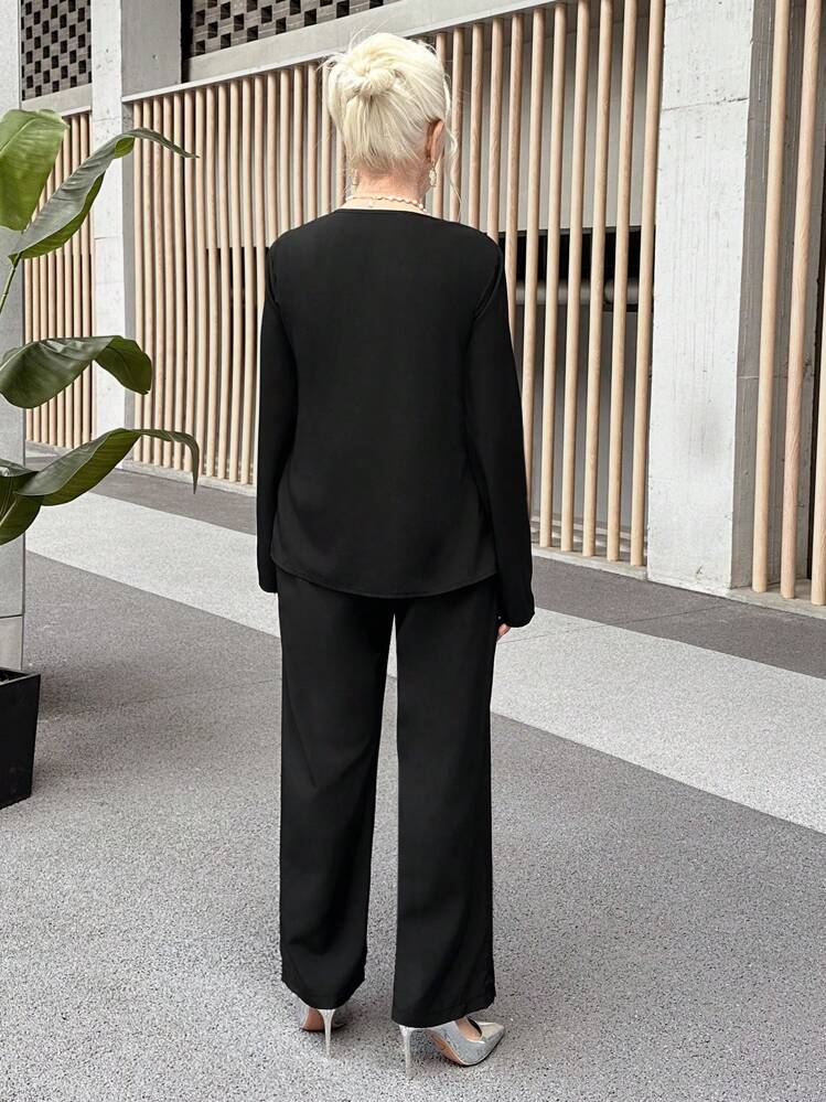 Ensemble 2 pièces en lin pour femme, tenue de vacances à manches longues, chemise boutonnée et pantalon, ensemble décontracté pour l'été, la plage, A1-noir, Petit