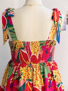 Soleia Plus Size Women's Boho Vacation Colorful Printed Bowknot Shoulder A-Line Mini Dress, For Summer,Beach Dress Sundress,Holiday Outfits