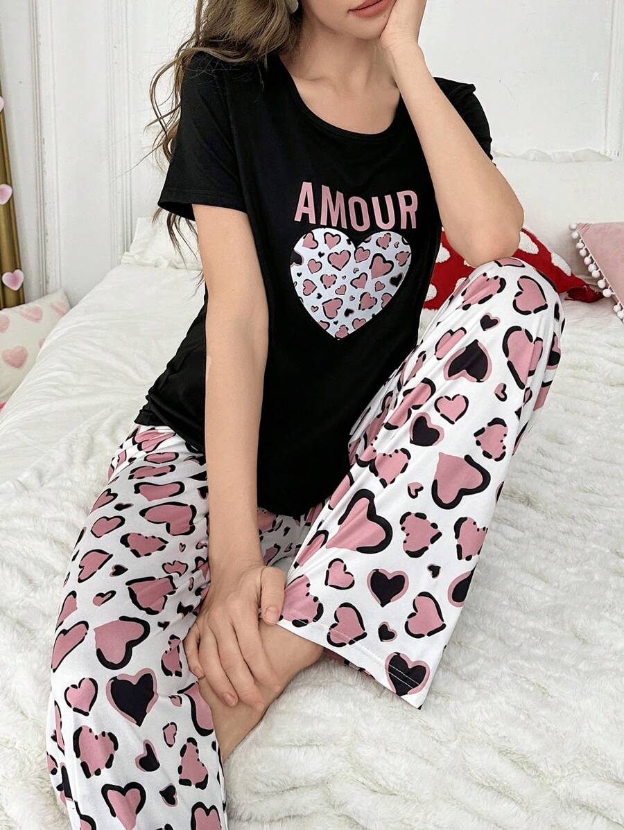 Leopard Print Heart Pattern Women Short Sleeve Top And Long Pants Pajama Set - Multicolor - View 1