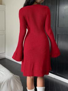 CovetEZ Women Short Solid Color Round Neck Long Sleeve Casual Dress