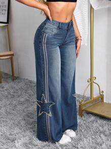 SHEIN SXY 女式宽松直筒牛仔裤，带星星图案和磨边 - 藍色 - 查看 4