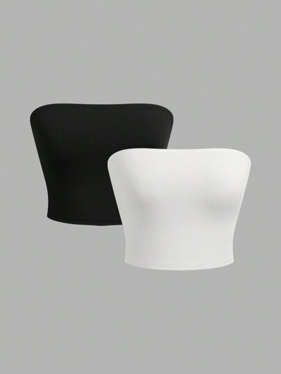 SHEIN Girlism 2pcs Teenage Girl Simple Black & White Comfortable Strapless Non-Slip Tube Top Crop Top