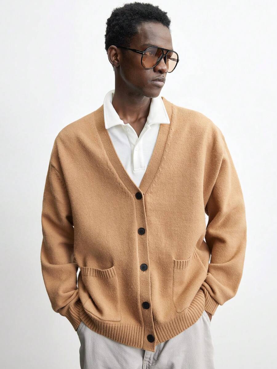 Maija Men's 2025 Spring New Arrival Thermal Lined Thick Cardigan, Long Sleeve Knit Sweater, Casual For Daily Wear, New Year Party, Valentine's, Holiday, Commute - Brown - View 1