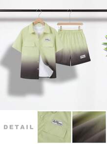 SHEIN 2 件套 Tween 男童休闲短袖衬衫，带口袋和短裤套装，街头潮流朋克摇滚学院风，适合春夏派对、音乐节，渐变色 - 彩色 - 查看 6