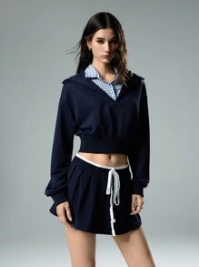 LYSMO 2 pièces Ensemble pour femme - Top à manches longues à imprimé à carreaux et jupe plissée - Bleu marine - Voir 5
