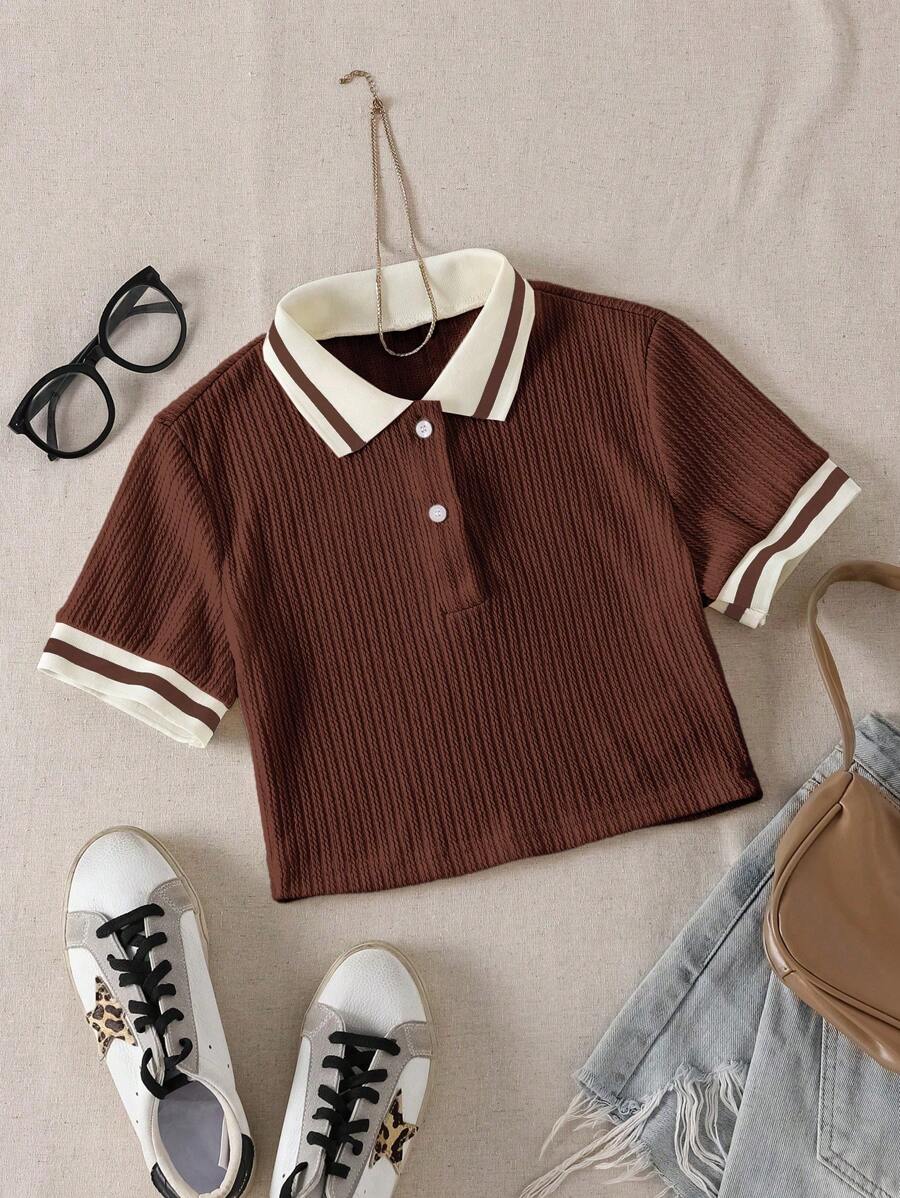 Trelyra Camiseta corta de manga corta casual de patchwork de bloques de color - Café integral - Ver 1