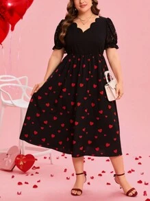 SHEIN Clasi Große Größen Elegantes Kleid mit Herzprint, V-Ausschnitt, kurzen Ballonärmeln und geschweiftem Saum für Damen als Valentinstags Outfit