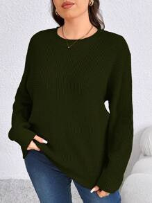 SHEIN LUNE Plus Size Solid Color Crew Neck Long Sleeve Simple Casual Pullover Knit Sweater Knit Pullover Fall Winter Sweater - Army Green - View 1