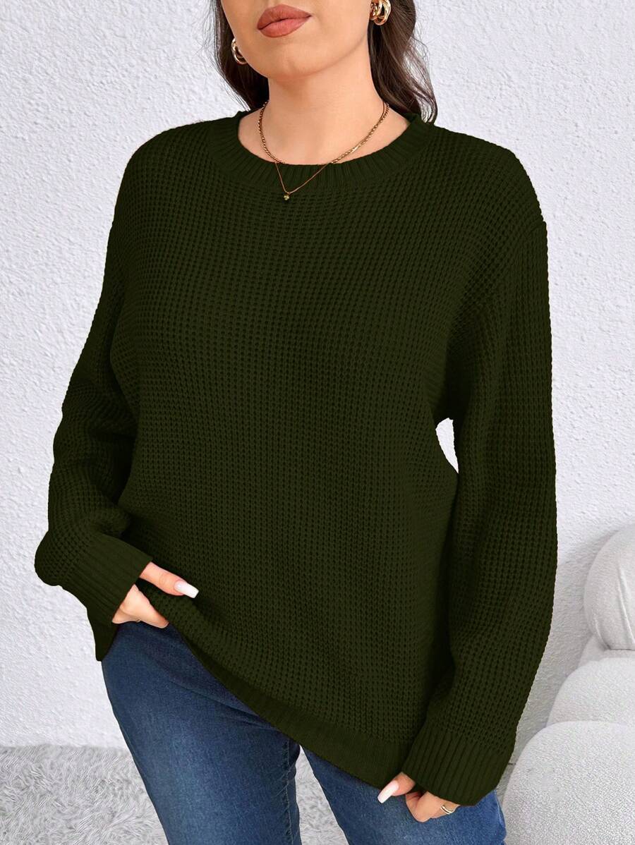 SHEIN LUNE Plus Size Solid Color Crew Neck Long Sleeve Simple Casual Pullover Knit Sweater Knit Pullover Fall Winter Sweater - Army Green - View 1