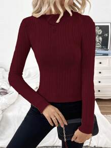SHEIN Clasi Classic European & American Ribbed Mock Neck Thick Lined Slim Fit Long Sleeve Knit Sweater, Versatile Base Layer For Autumn/Winter Knit Pullover Fall Sweater - Burgundy - View 4