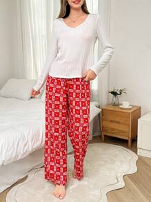 Dream Adore Women 2pcs Pajama Set - Solid Jacquard V-Neck Long Sleeve Top And Red Plaid Long Pants