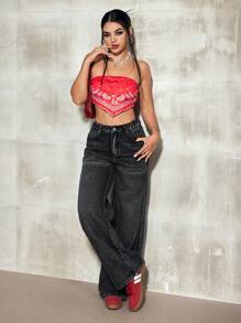 SHEIN EZwear 女式宽松口袋细节阔腿休闲牛仔裤 - 黑色 - 查看 1