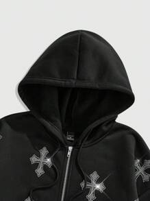 ROMWE MEN Street Life Men's Rhinestone Cross Print Zipper Collar Hoodie Sweatshirt, Autumn - Black - View 6