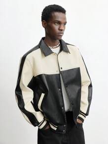 Maija Men's Spring 2025 New Arrival Black & White Contrast PU Zipper Jacket, Casual, Versatile For Daily Wear, Party, Vacation, Commuting