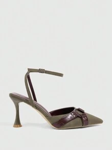 CUCCOO SZL Zapatos de tacón alto con punta puntiaguda de PU vintage verde oliva para mujeres