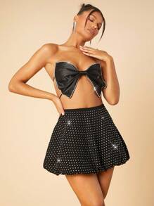 Hauture Rhinestone Embellished Bubble Hem Mini Skirt - Black - View 5