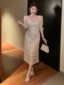 DAZY V-Neck Sequin Patchwork Mid-Length Women's Dress,Pink Autumn Elegant Birthday Party Prom Homecoming Luxury New Year Eve Carnival Sparkly Maxi Dress - Apricot - View 6