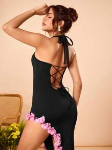 KATLO SKEYS Designer Black Solid Halter Neck Backless Cross Lace-Up Asymmetry Hem Romantic Mini Dress, Spring & Summer, Festival, Prom Dress - Black - View 5
