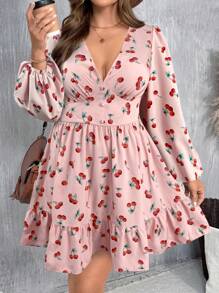 SHEIN VCAY Plus Size Autumn/Winter Cherry Print Romantic Elegant Vacation Party V-Neck Elastic Waist Long Sleeve A-Line Dress - Pink - View 3