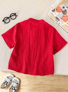 SHEIN 1pc Young Boys Casual School Red Stand Collar Short Sleeve Shirt Top, Versatile & Comfortable, Suitable For Spring/Summer, Valentine, Party, Date