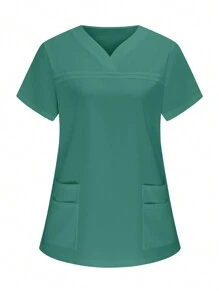PopScrub Áo đồng phục y tá tay ngắn hai túi cho nữ - màu xanh lá - Xem 5