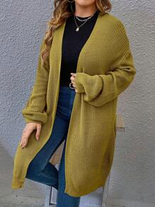 SHEIN LUNE Damen Große Größen Olive Grün Gestrickter Cardigan Pullover, einfarbig Off-Shoulder Langarm Loose Lässig, Herbst/Winter - Senfgelb - Übersicht 5