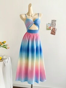 Soleia Vacation V-Neck Crisscross Waist A-Line Ombre Print Midi Slip Spring Dress Easter Dress For Women