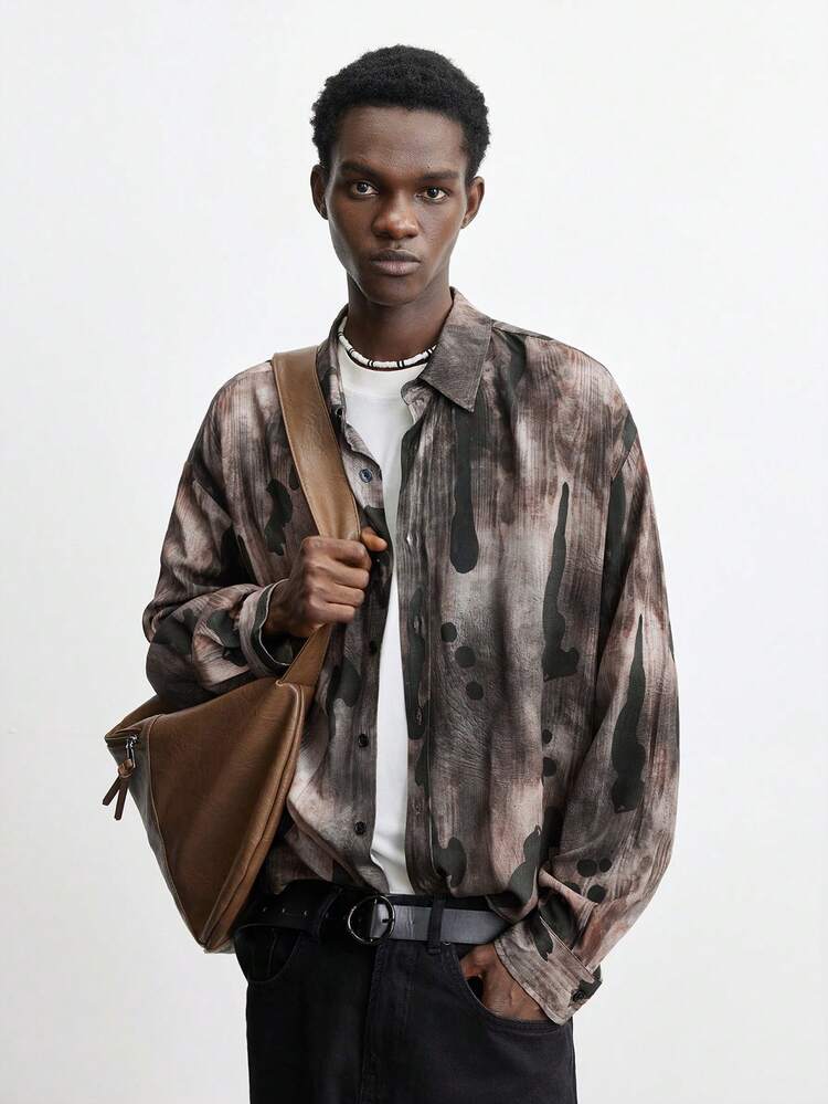 SHEIN Maija Men's 2025 Spring New Casual Style Front Button Long Sleeve Printed Loose Fit Shirt, Versatile For Daily, Date, Holiday, New Year Party, Travel, And Commute