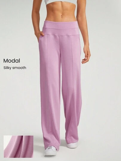 GLOWMODE 莫代尔丝绸触感阔腿高腰休闲裤，带侧袋，日常休闲，秋冬