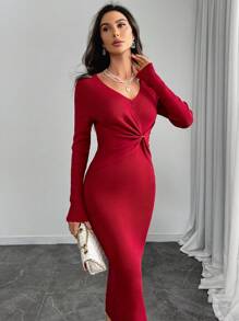 Modelyn 女式纯色 V 领长袖褶皱腰优雅针织毛衣连衣裙，秋冬 - 紅色 - 查看 4