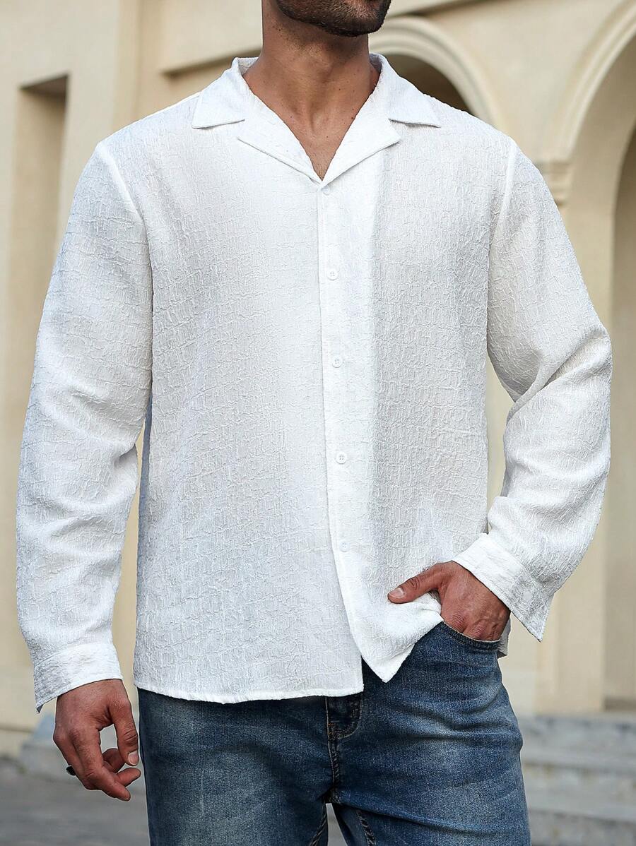 Manfinity Homme Plus Size Solid Front Button Long Sleeve Simple Casual Tops - White - View 1