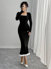 Chiquease Women's Elegant Romantic French Style Simple Long Knit Dress, Suitable For Holiday/Resort Wear Maxi Women Outfit - Black and White - View 3