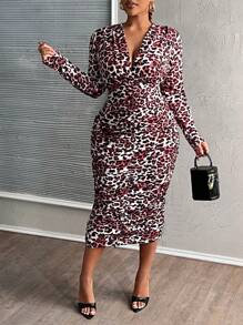 Slaydiva Plus Size Elegant Sexy Fit V-Neck Pleated Leopard Pattern Long Dress For Party/Gathering/Date, Spring Autumn - Red - View 1