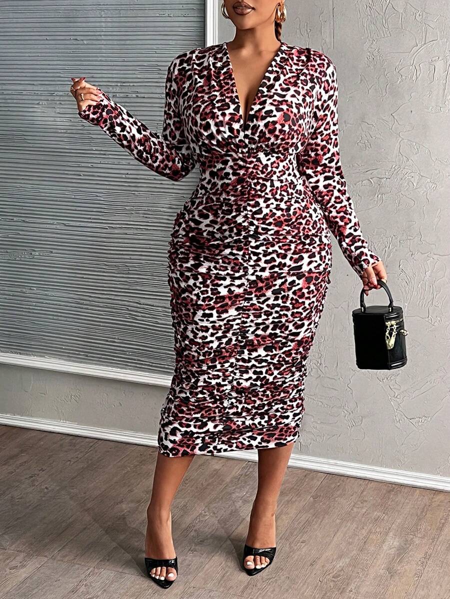 Slaydiva Plus Size Elegant Sexy Fit V-Neck Pleated Leopard Pattern Long Dress For Party/Gathering/Date, Spring Autumn - Red - View 1