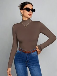 SHEIN Tall Top blanco de cuello alto, delgado y de unicolor simple, adecuado para otoño e invierno - Marrón Chocolate - Ver 8
