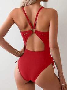 Swim Basics 1pc Women's Solid Color Backless Halter One-Piece Swimsuit Summer - Red - View 2