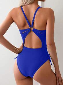 Swim Basics 女士纯色无袖前系带修身连体泳衣夏季 - 藍色 - 查看 2